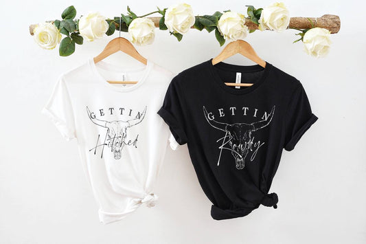 Gettin’ Hitched & Gettin’ Rowdy Bachelorette T-Shirts Set