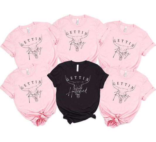 Gettin’ Hitched & Gettin’ Rowdy Bachelorette T-Shirts Set