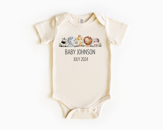 Personalised name Safari Baby Onepiece for Pregnancy Announcement