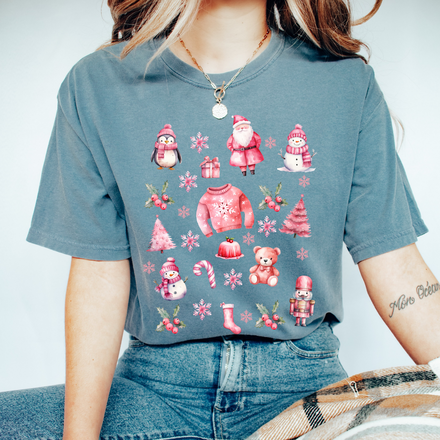 Pink Christmas Collage T shirt in Comfort Colours