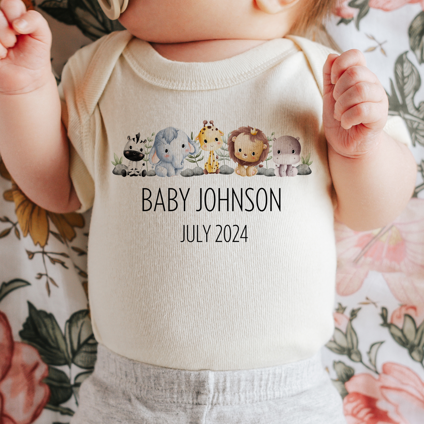 Personalised name Safari Baby Onepiece for Pregnancy Announcement