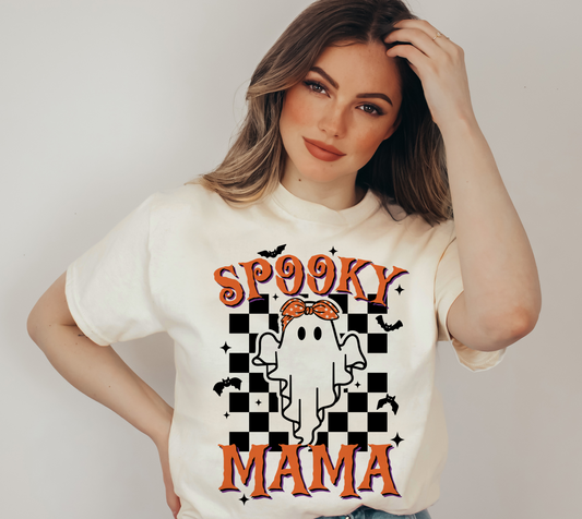 Spooky Mama in checkered Halloween t shirt