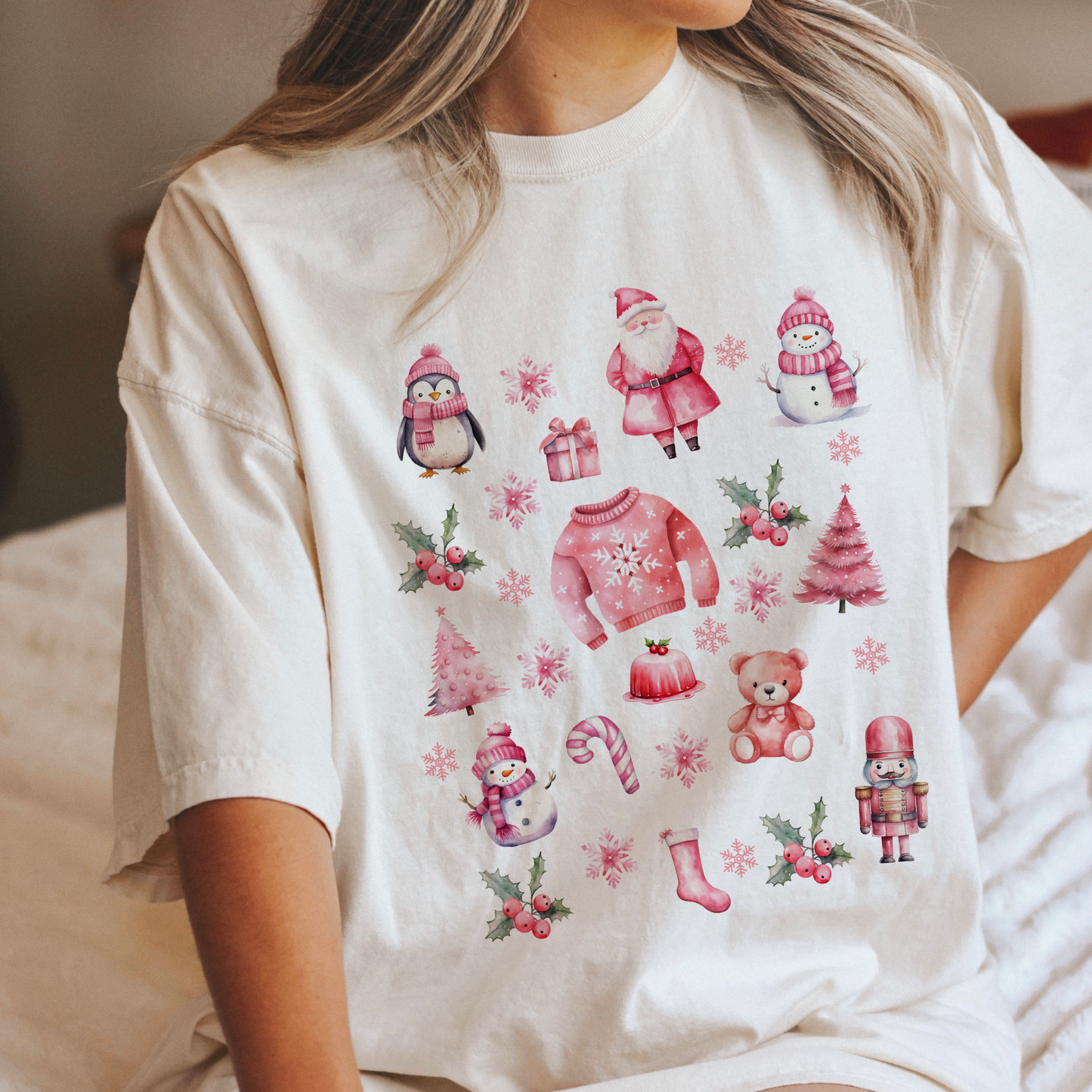 Pink Christmas Collage T shirt in Comfort Colours