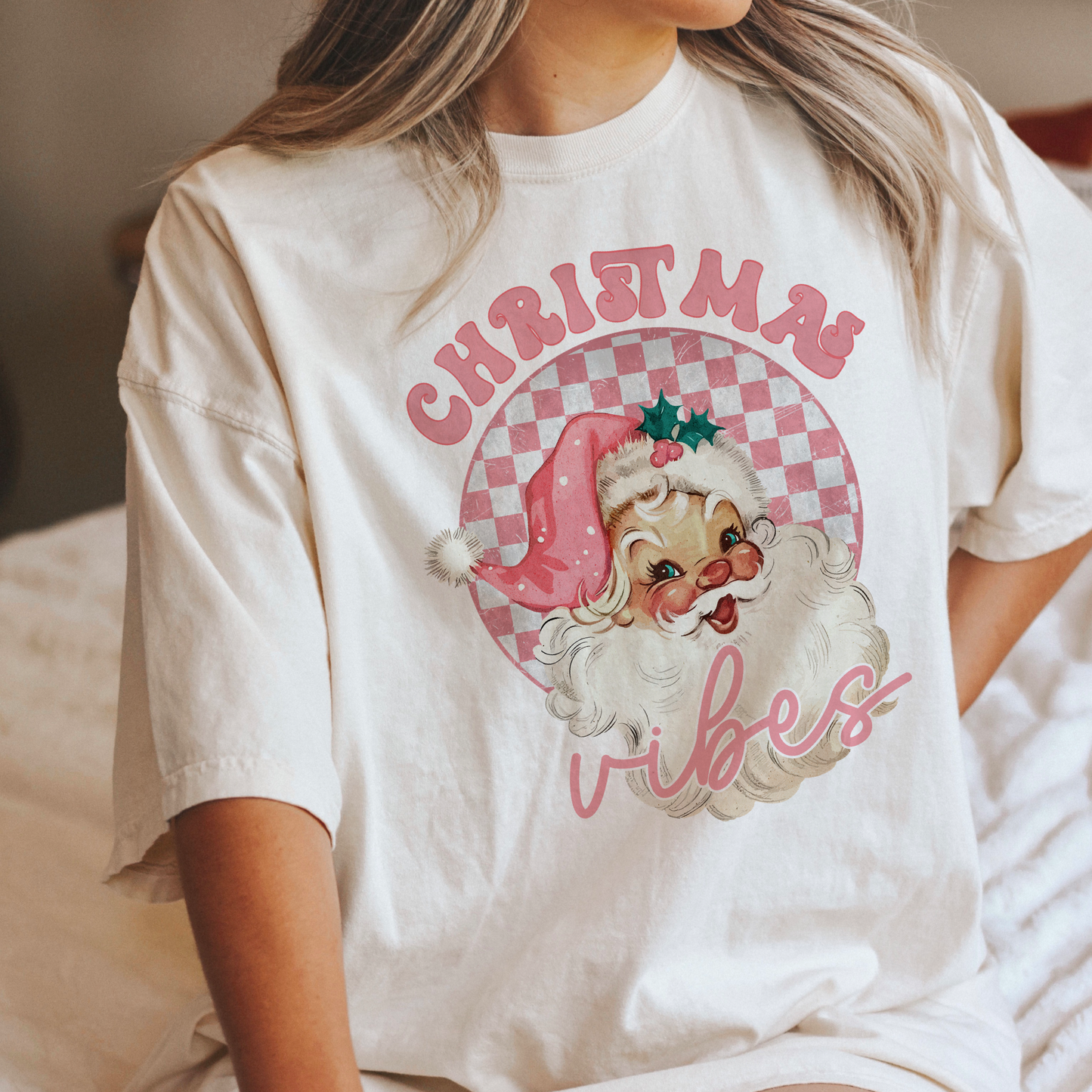Pink Santa Christmas Vibes T shirt