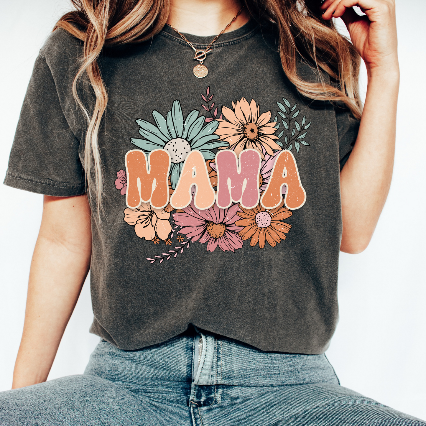 Mama with Retro Flowers t shirt in Comfort Colors