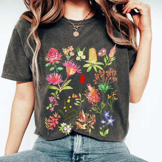 Australian flowers shirt in Pepper with vibrant botanical artwork
