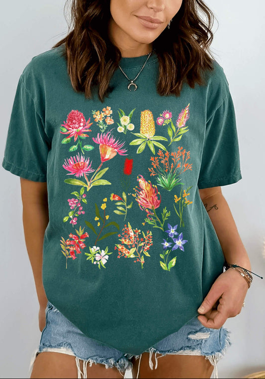 Green spruce Australian flowers shirt featuring colourful native flower artwork