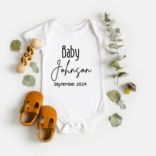 Personalised Family Name Baby Onepiece for Pregnancy Announcement