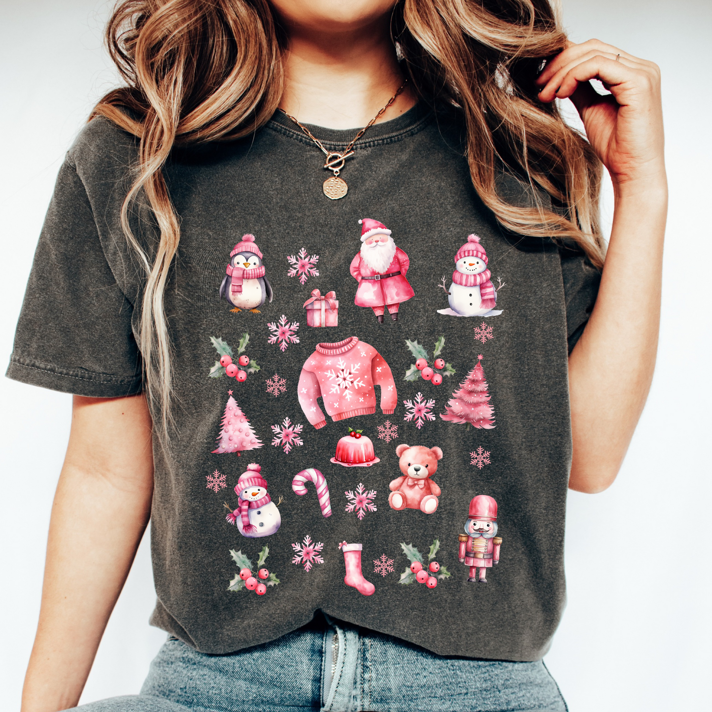 Pink Christmas Collage T shirt in Comfort Colours