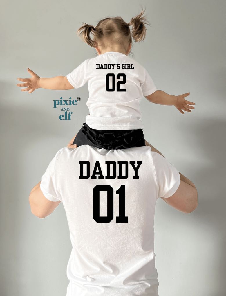 Back view of Daddy and Daddy's Girl White varsity shirts