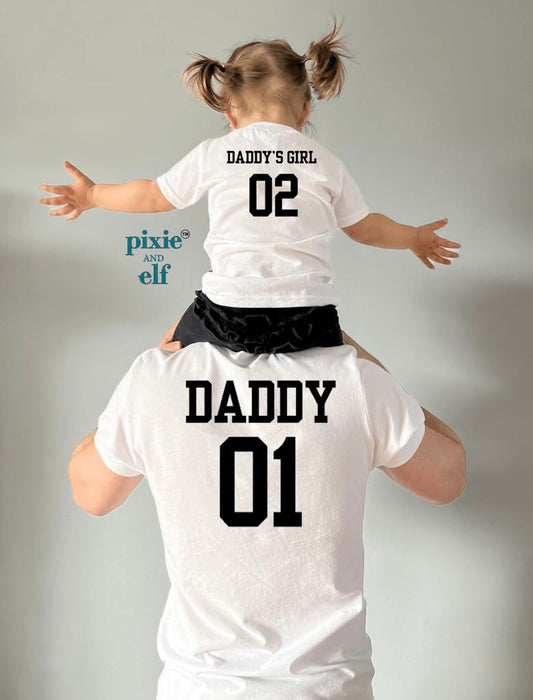 Back view of Daddy and Daddy's Girl White varsity shirts