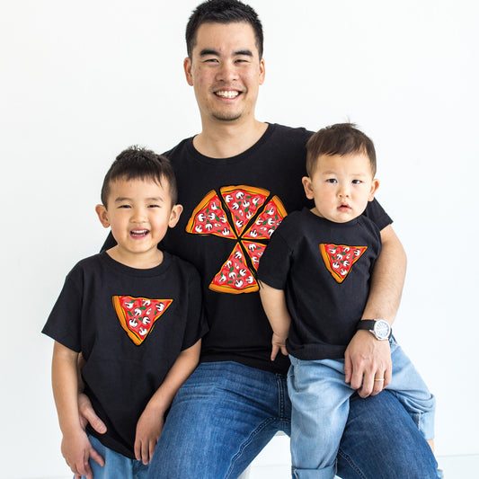 Matching Pizza Dad and pizza slice kids in Sage Shirt