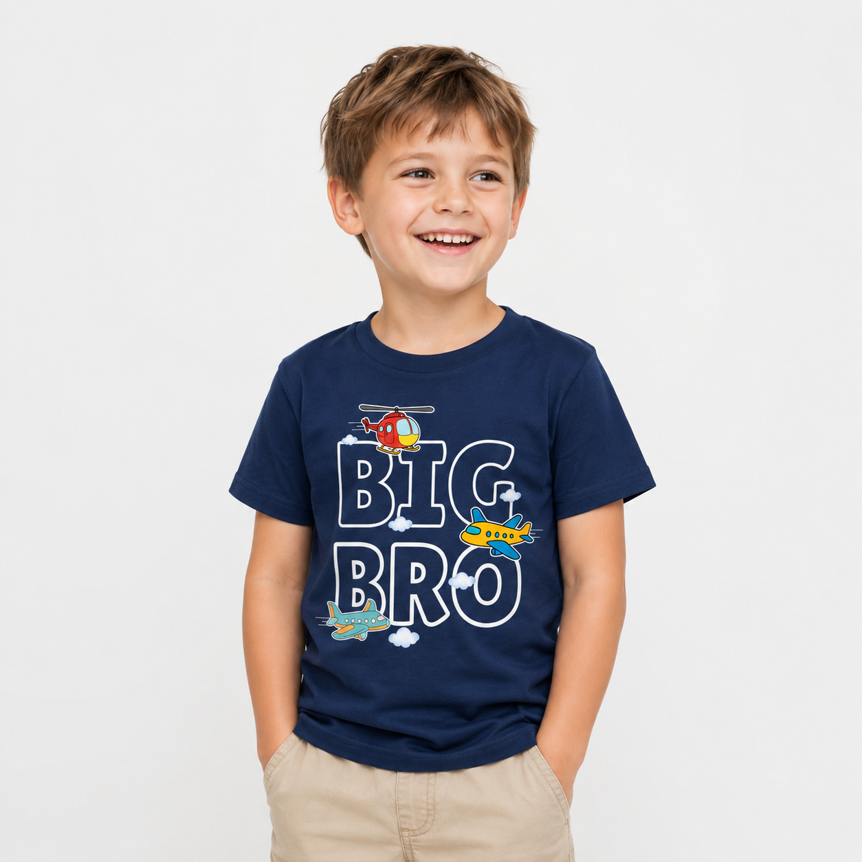 Child wearing a navy blue t-shirt with 'BIG BRO' text and airplane graphics on a white background