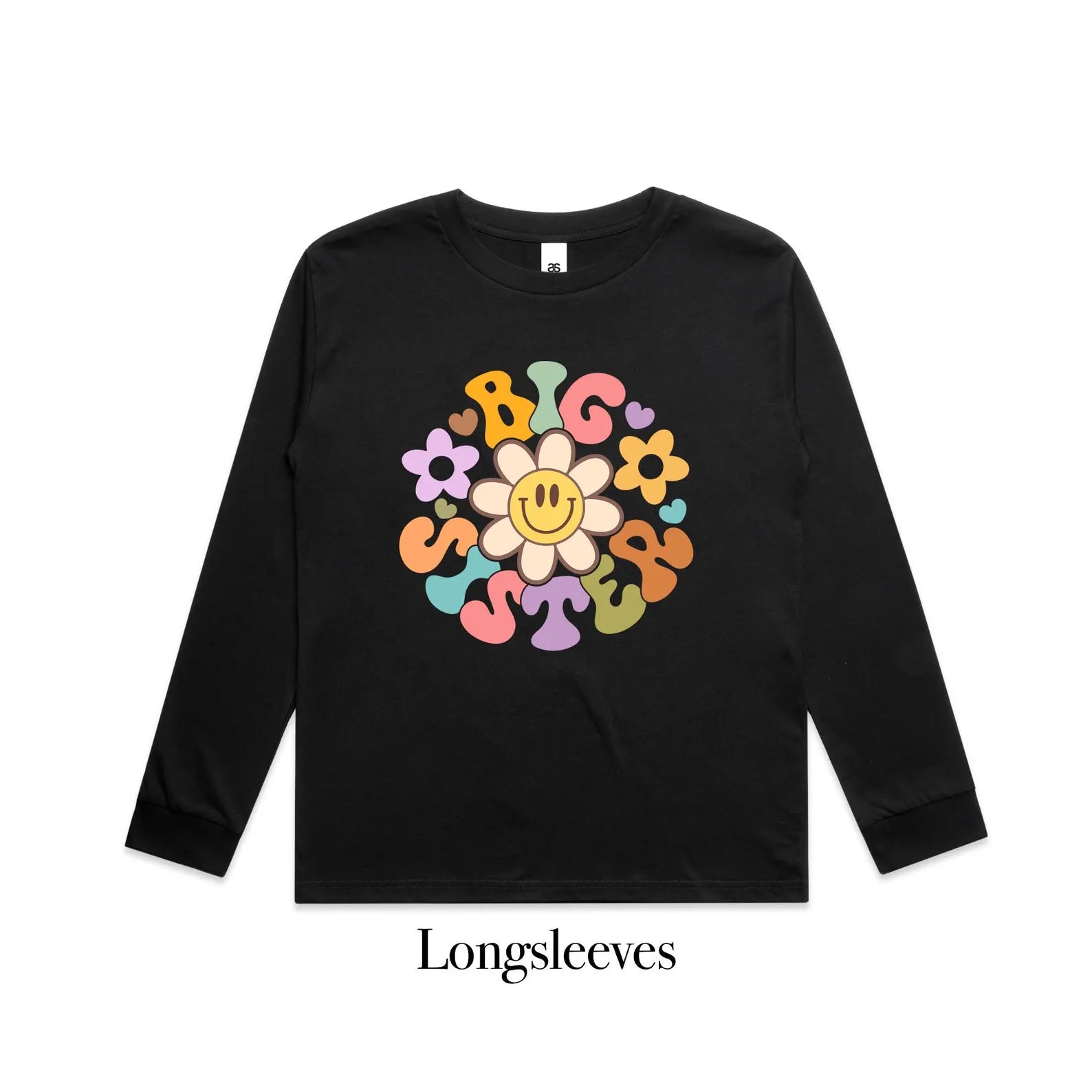 Black long-sleeve shirt with colorful floral design and text on a white background