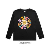 Black long-sleeve shirt with colorful floral design and text on a white background