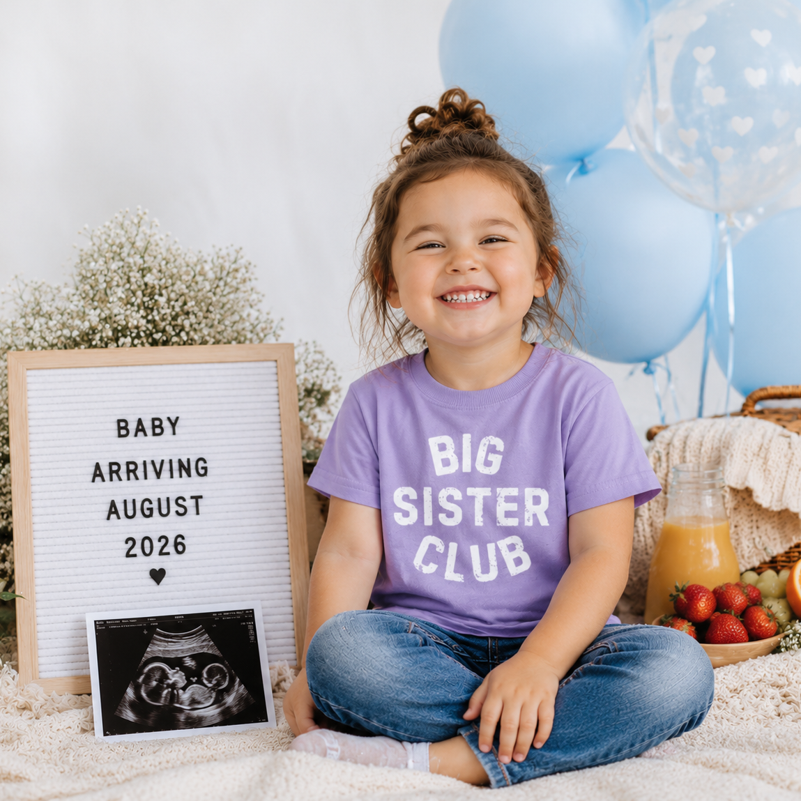 Child wearing a 'Big Sister Club' shirt with balloons and a letterboard in the background