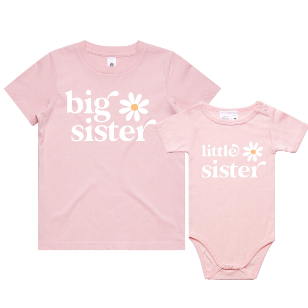 Big Sister shirt and Little sister bodysuit with flower design in pink