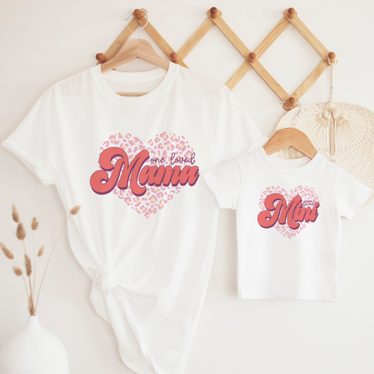 Matching One loved Mama and Mini leopard heart t shirt