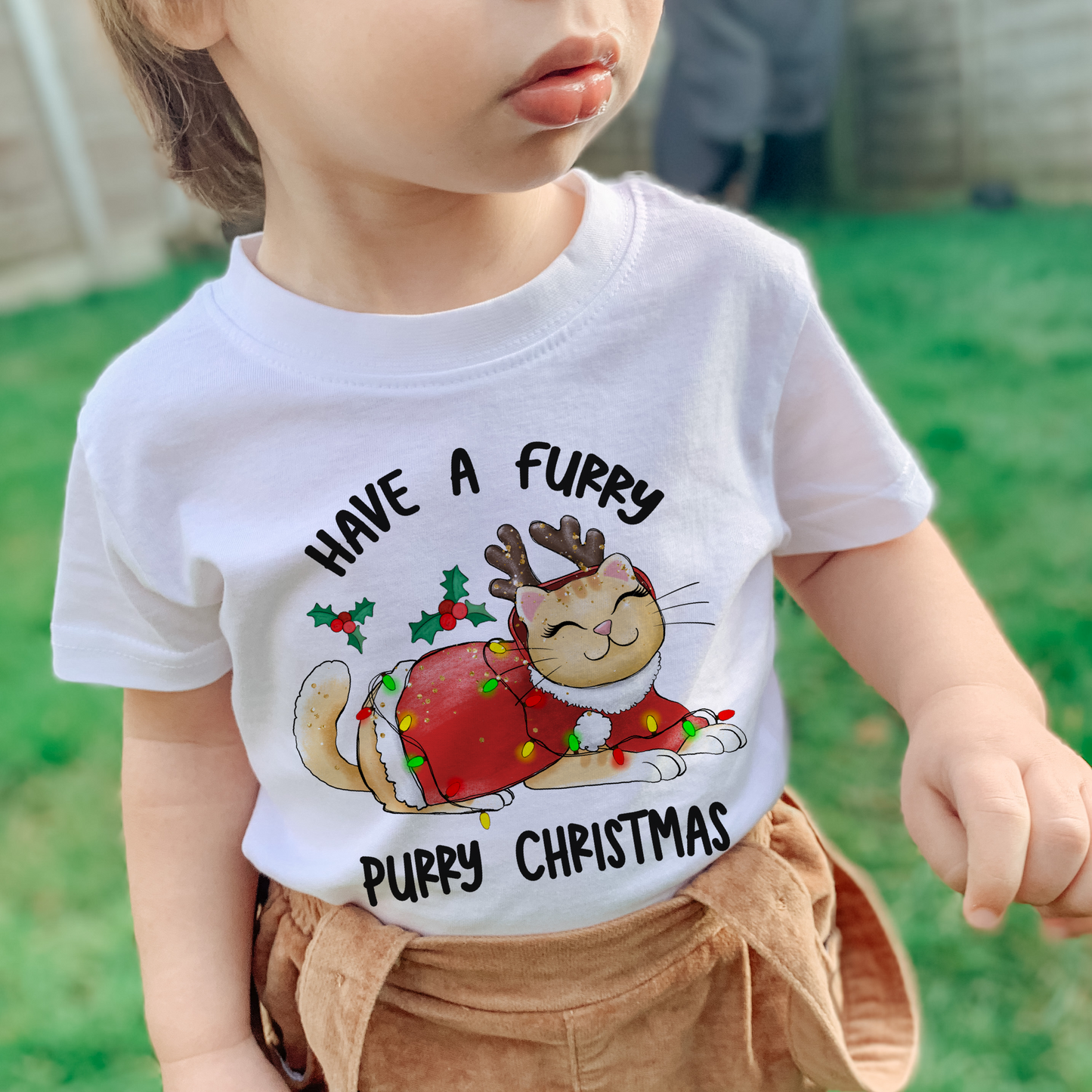 Furry Purry Cat Christmas t shirts for kids