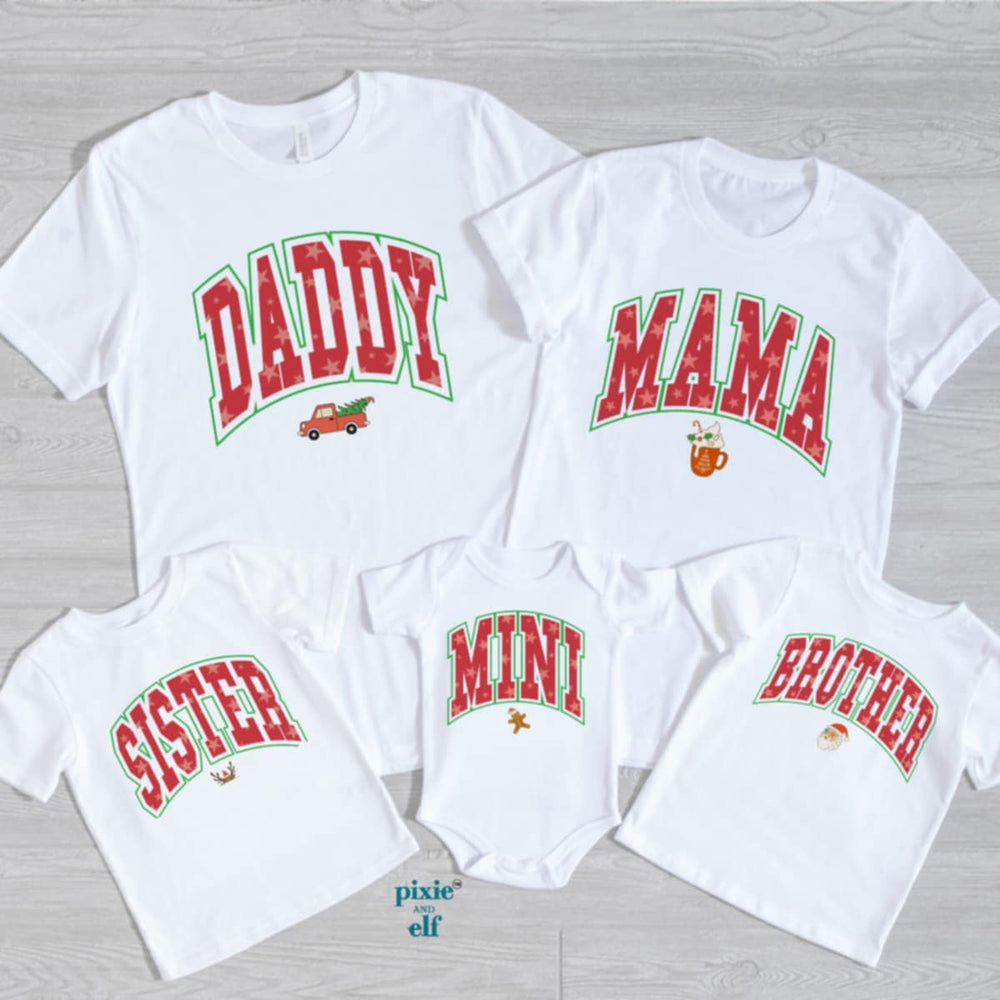 flatlay of Christmas Family Shirts in White