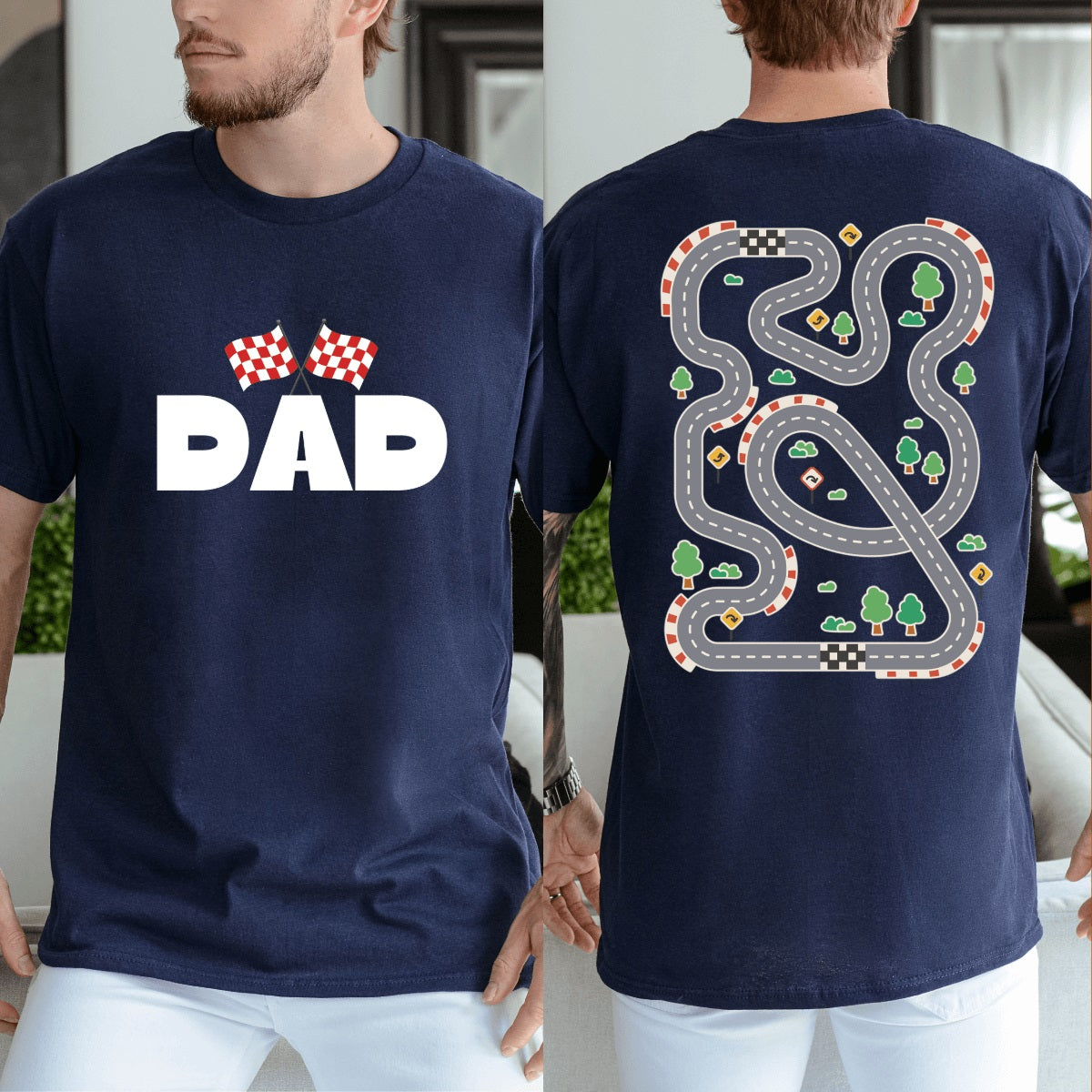 front and back view of Race Track Shirt for Dad