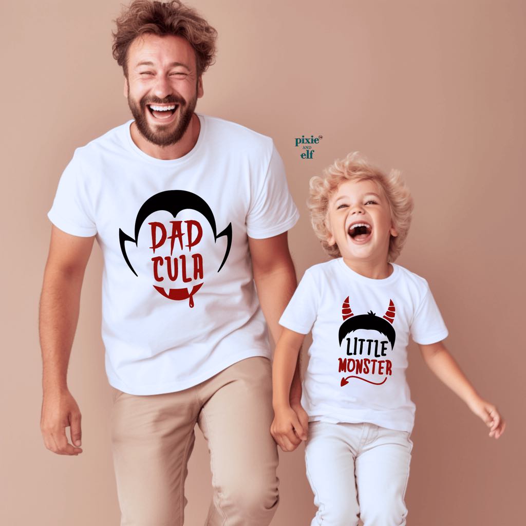 Dad and Son wearing the Halloween Monster Shirts