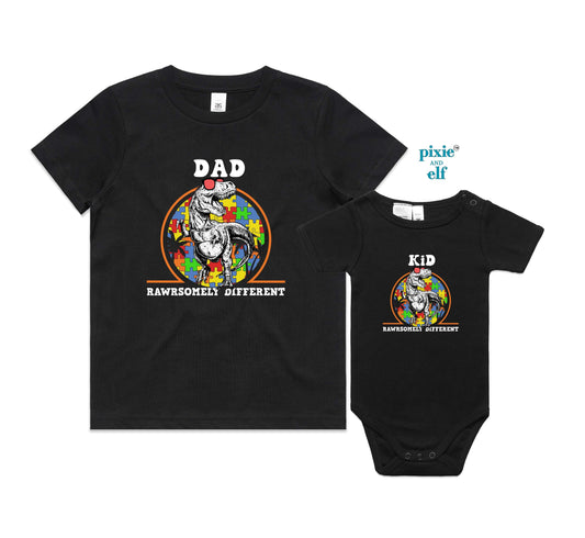 Dad and kid Rawrsomely Different matching shirts