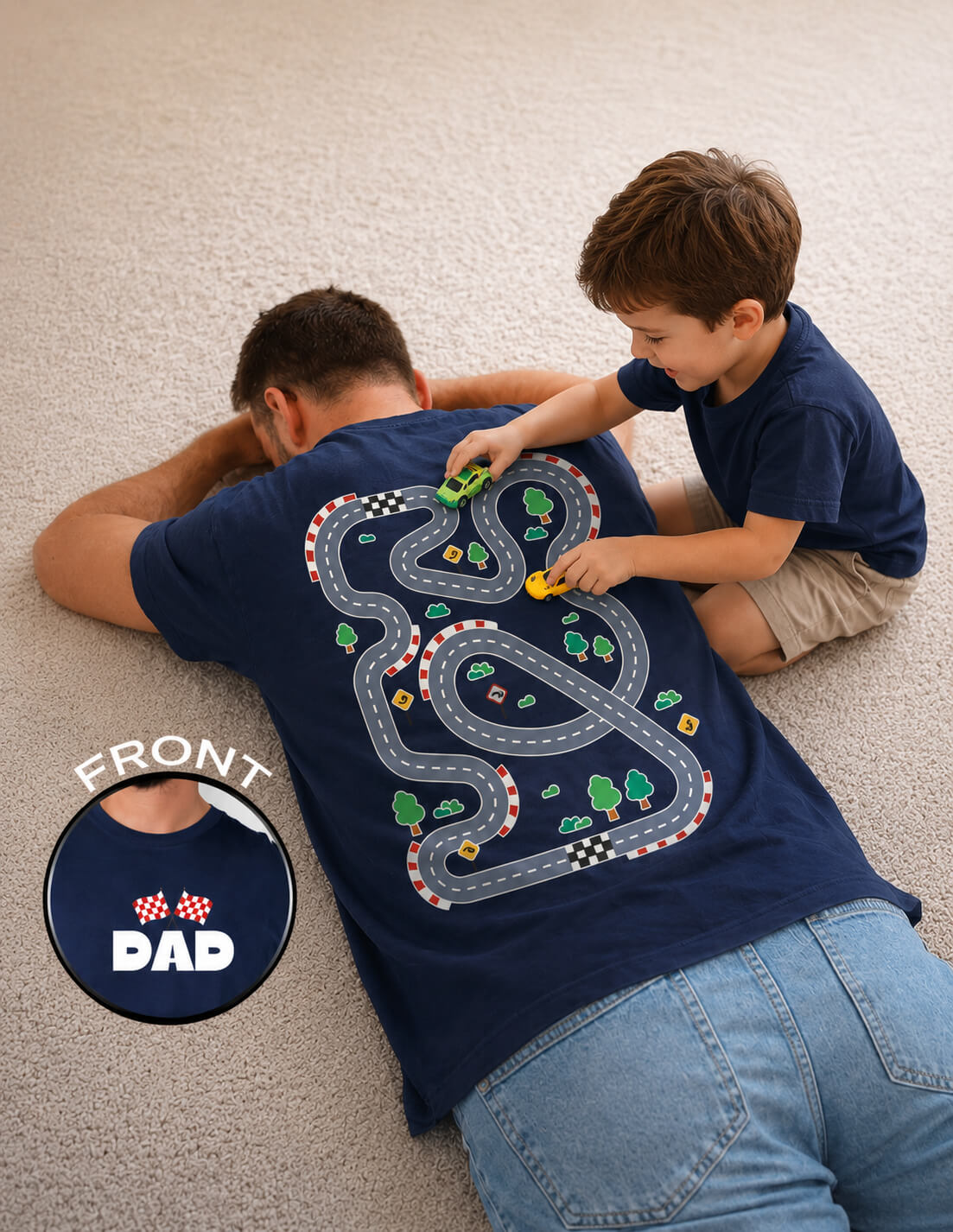 Kid playing with cars on Dad's back
