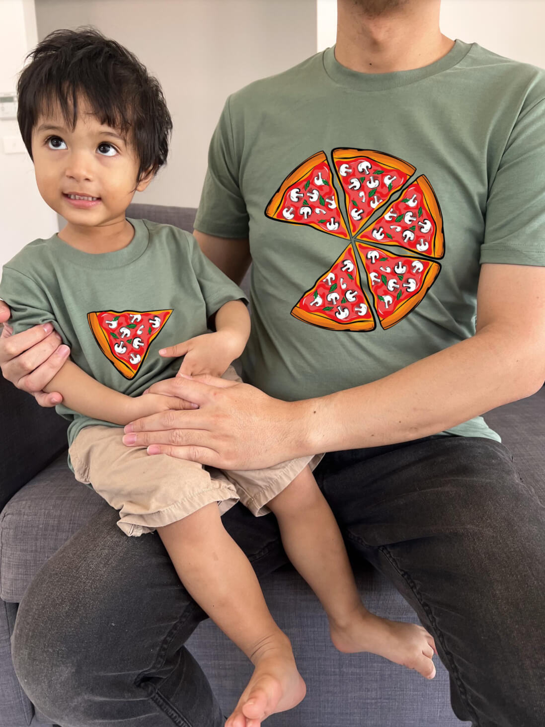 Dad and son wearing matching Pizza Shirts in sage
