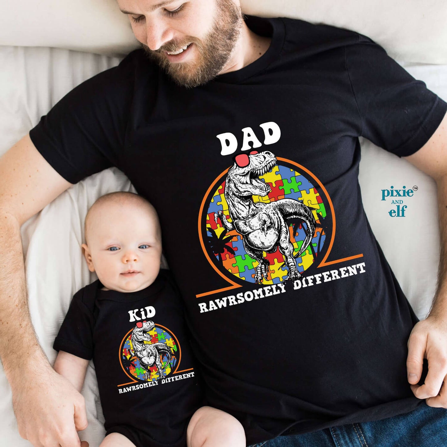Rawrsomely Different Autism Awareness Dad and Kid Matching Shirts