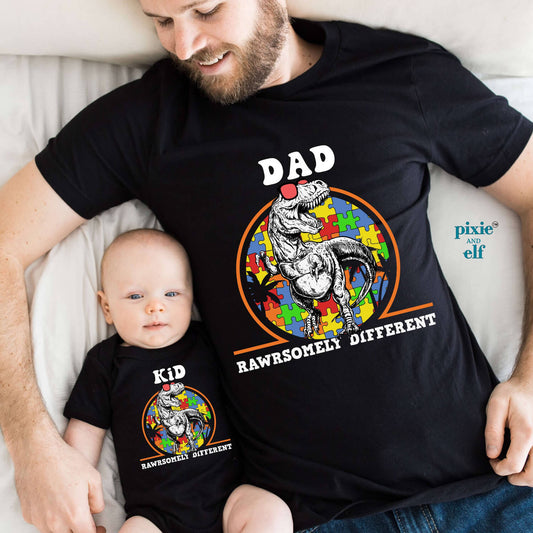 Rawrsomely Different Autism Awareness Dad and Kid Matching Shirts