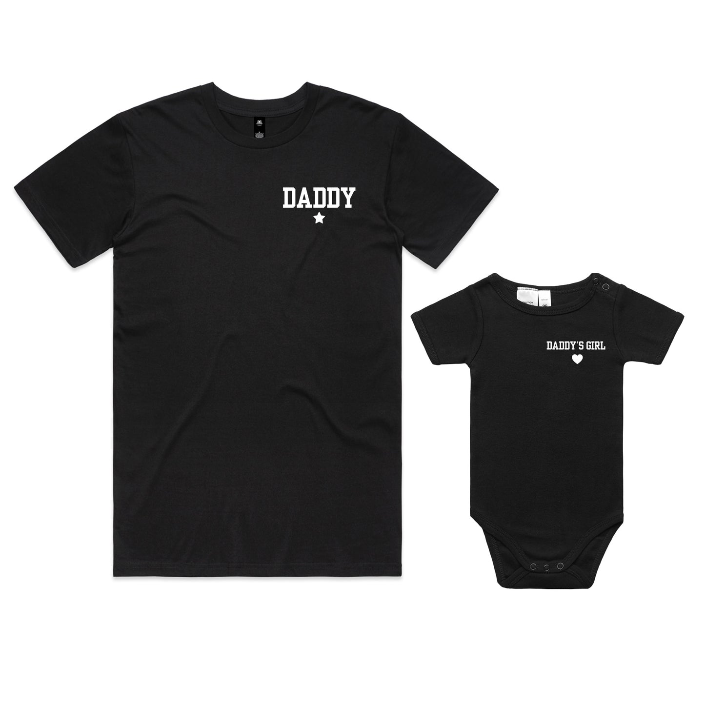 Daddy t-shirt with star graphic paired with a matching Daddy's Girl baby onesie featuring a heart design