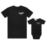 Daddy t-shirt with star graphic paired with a matching Daddy's Girl baby onesie featuring a heart design