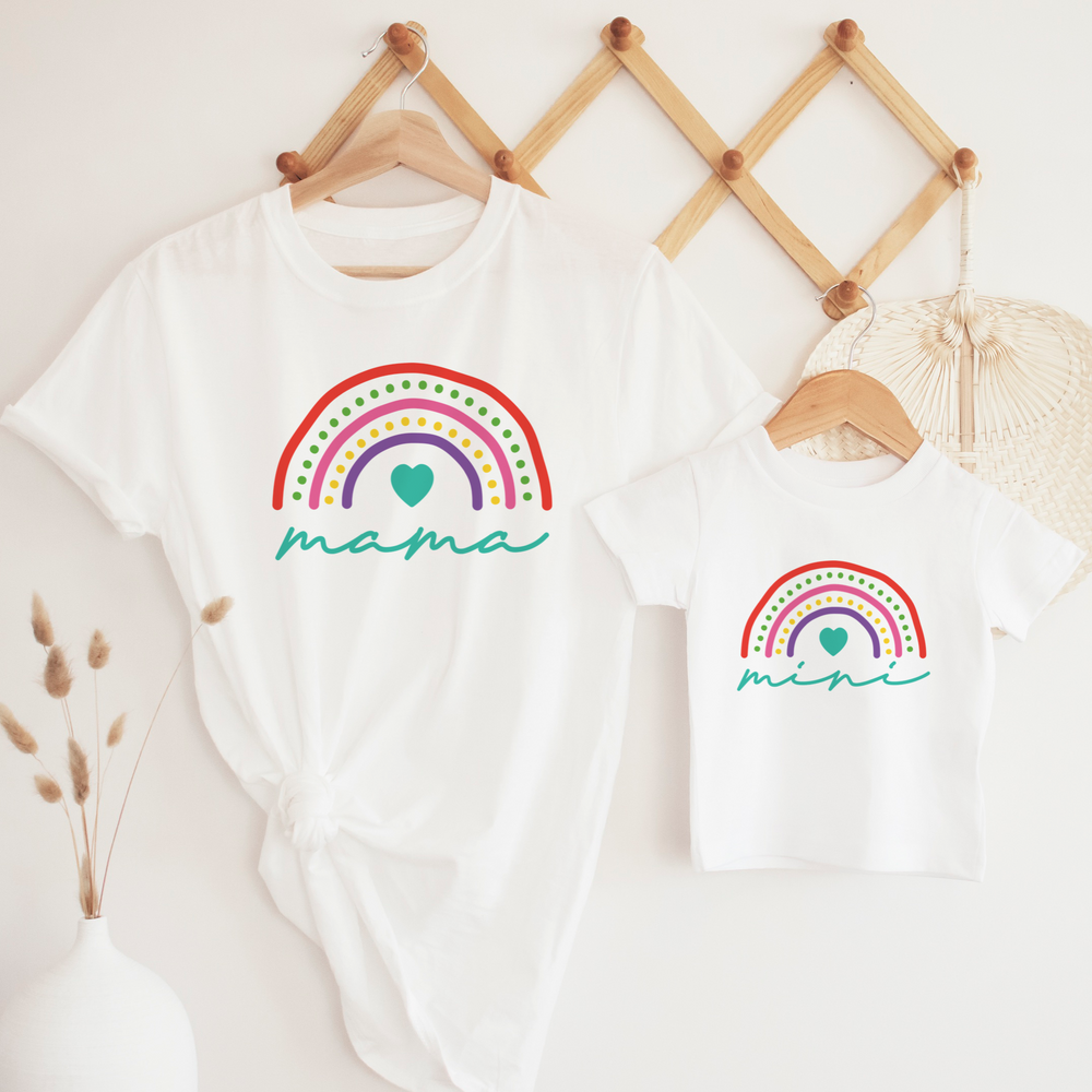 mama and mini rainbow on white shirts
