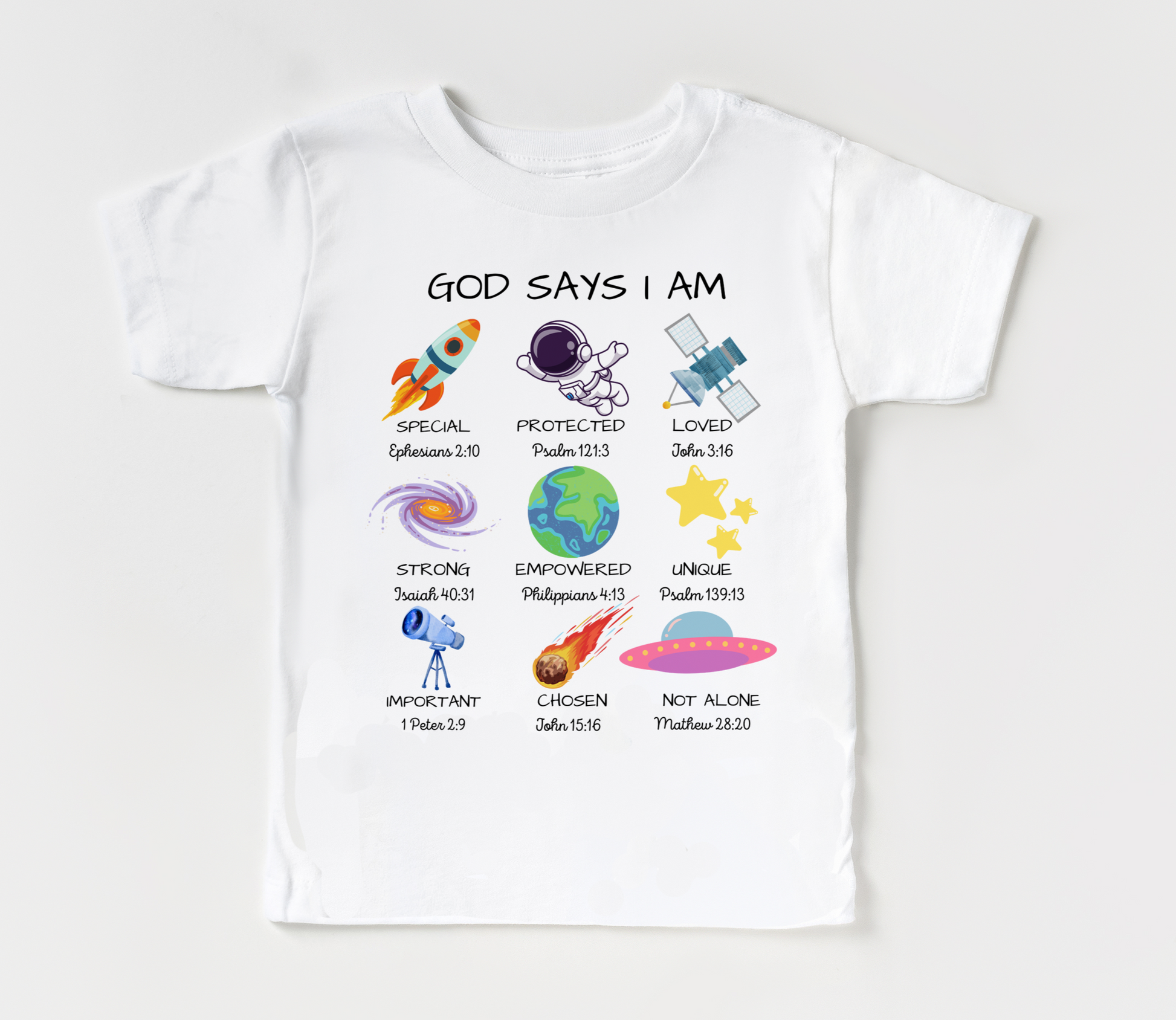 White T-shirt with text God says I am