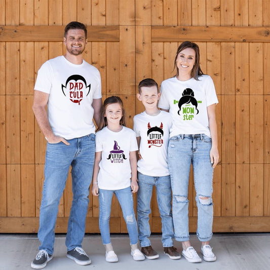 happy family wearing the Halloween Monster Family Shirts in white