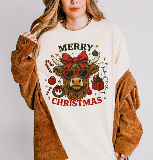 Festive Cow Christmas shirt in Comfort Colors