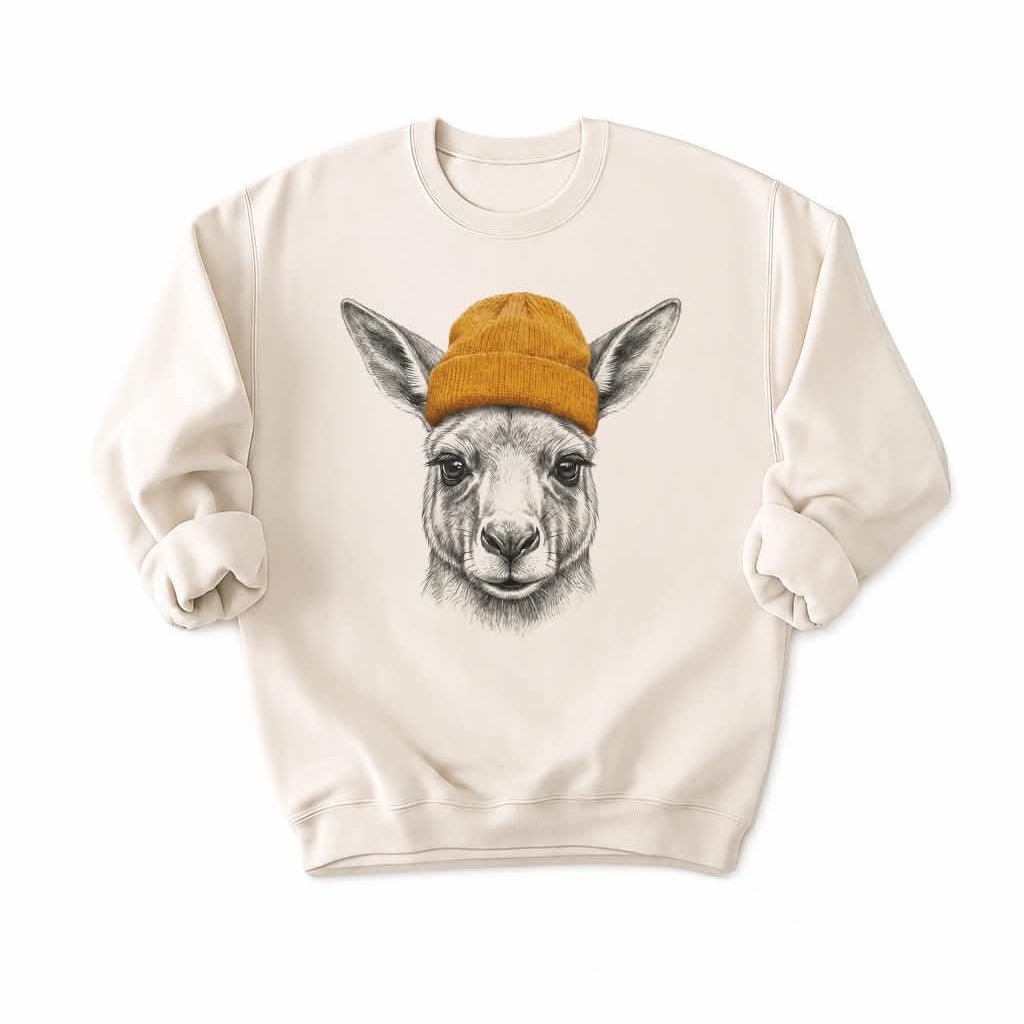 Beige Sweatshirt with a graphic of a kangaroo wearing a mustard beanie on a white background