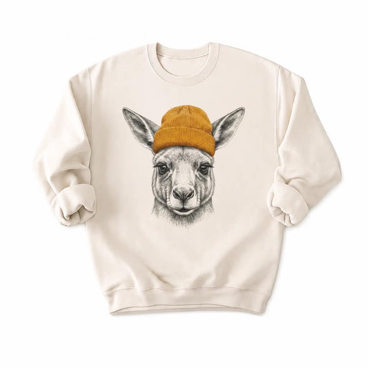 Beige Sweatshirt with a graphic of a kangaroo wearing a mustard beanie on a white background