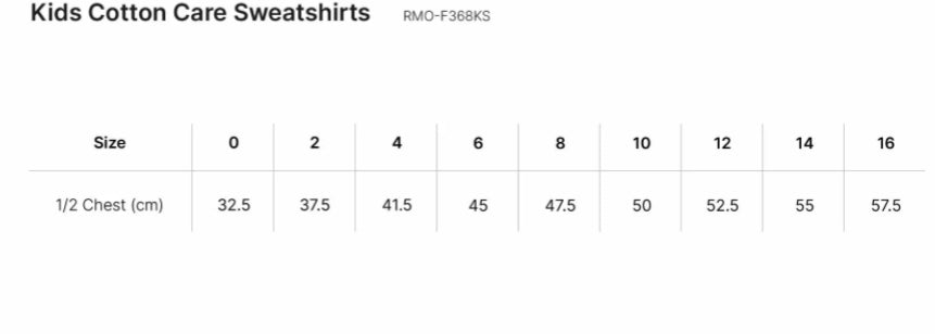 Kids Cotton Care Sweatshirts Size Chart