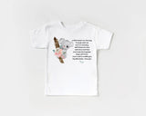 White t-shirt with a teddy bear graphic and text on a white background