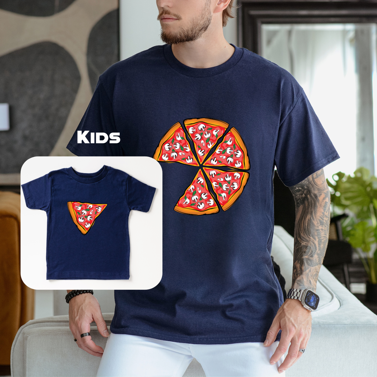 Matching pizza slice shirt for Dad and kids