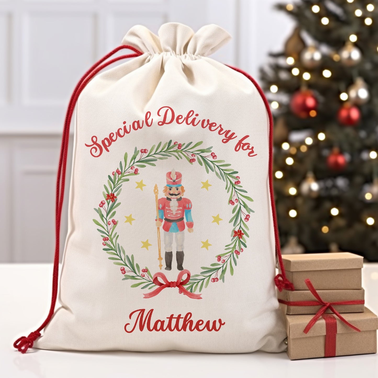 Nutcracker soldier with personalised name santa sack