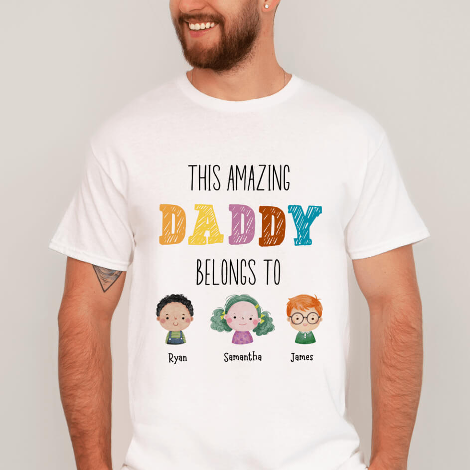 Front view of personalized amazing dad shirt with kids names