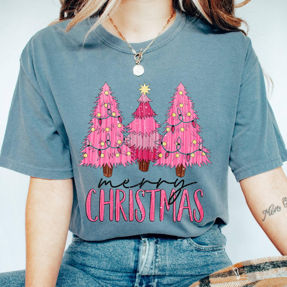Pink Christmas Tree T-Shirt in Blue Jean