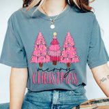 Pink Christmas Tree T-Shirt in Blue Jean