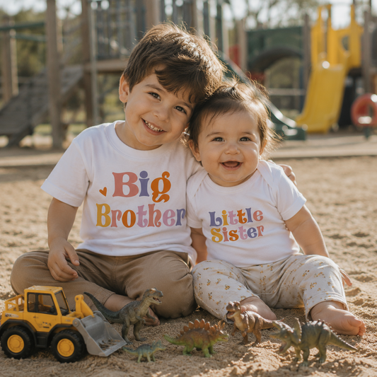 Two children sitting on a playground with 'Big Brother' and 'Little Sister' shirts, surrounded by toy dinosaurs.