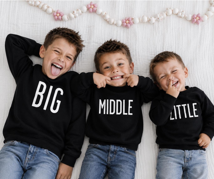 brothers wearing matching big, middle and little brother jumper