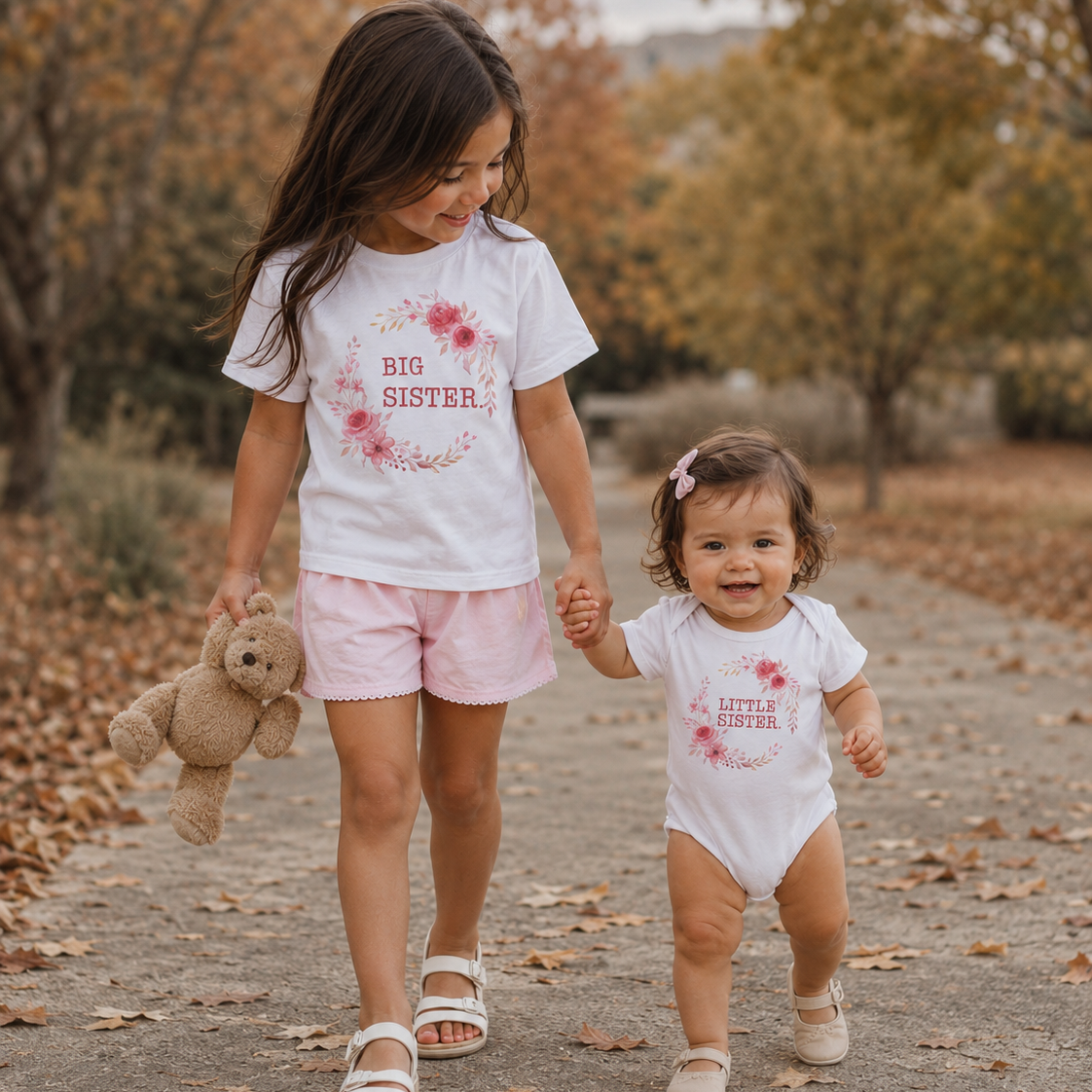 Two young sisters walking outdoors with 'Big Sister' and 'Little Sister' shirts.