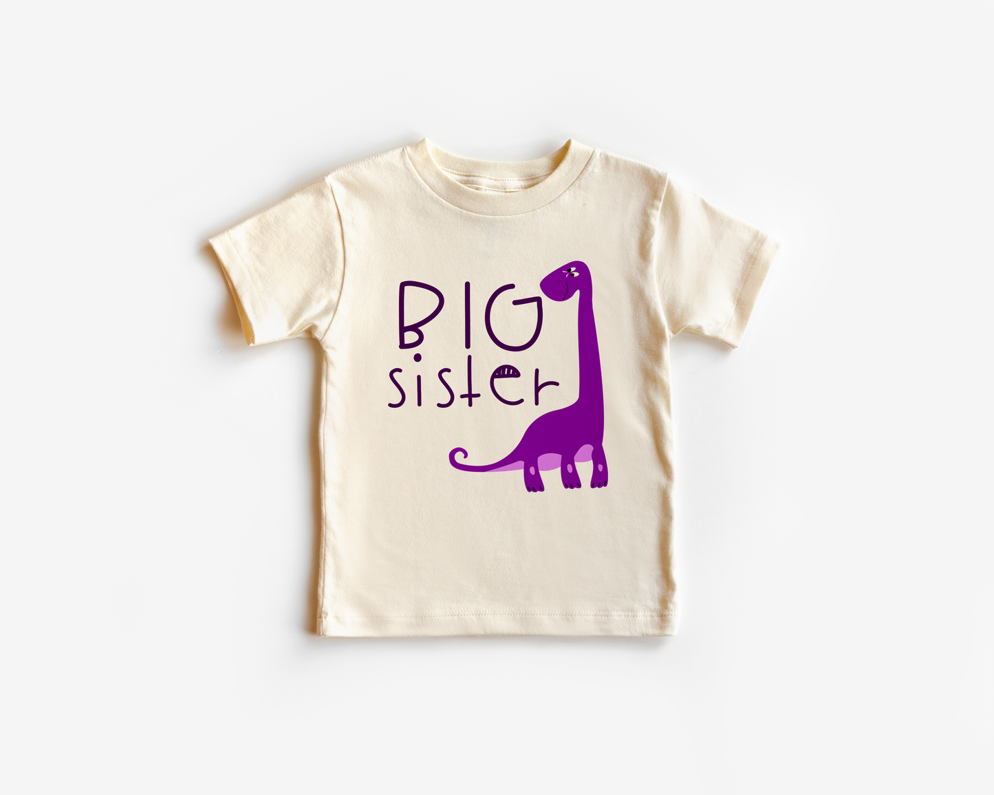 Big Sister with a purple dinosaur printed on Natural Color t shirt